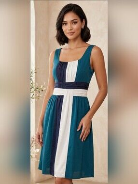 By Stella Teal Navy Blue Ivory Colorblock Fit Flare Sleeveless Sundress Dress L